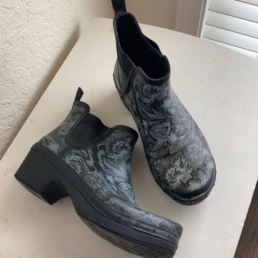 Dansko black floral platform ankle boots